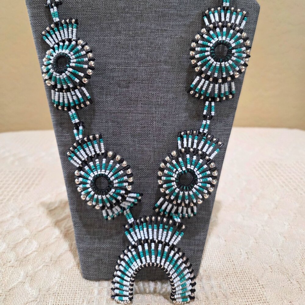 Vintage Squash Blossom Turquoise White Black Handmade Beaded Safety Pin Necklace - Picture 13 of 14